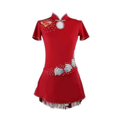 MANYUBEI Erwachsene Kinder EiskunstlaufKleid, Mädchen Cheongsam Kleid Mit Kurzen Ärmeln Fransen Strasssteinen Wettbewerbs Performance Kleidung Gymnastik Tanzbekleidung,3XL,Red von MANYUBEI