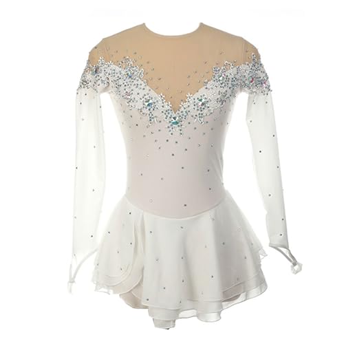 MANYUBEI Erwachsene Kinder Eiskunstlaufkleid, Mädchen Eislaufröcke Lange Ärmel Spitze Blumen Strasssteine ​​Wettbewerb Performance Gymnastikkleidung,2XL,White von MANYUBEI