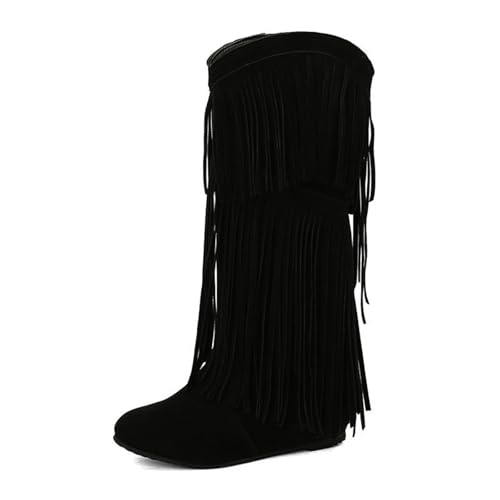 MANYUBEI Hohe Damenstiefel, Große Wildleder Innenseite Erhöhung Der Höhe Nicht Über Dem Knie Runde Spitze Lange Stiefel Zum Anziehen Mit Quaste, 5 cm/1,96 Zoll, 39 EU,Black von MANYUBEI