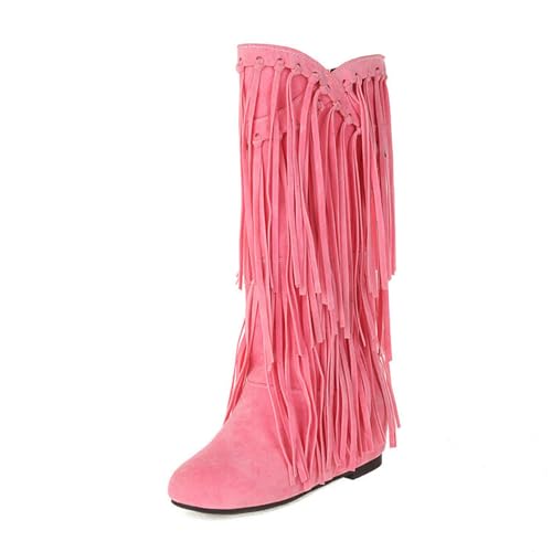 MANYUBEI Hohe Damenstiefel, Nicht Über Dem Knie Wildleder Innenseite Erhöhte Höhe Runde Spitze Zum Anziehen Lange Stiefel Mit Quaste, 3 cm/1,18 Zoll, 42 EU,Pink von MANYUBEI