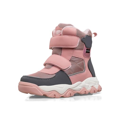 MANYUBEI Kinder Schneestiefel, Jungen Und Mädchen Winter Warme Baumwollschuhe Verdickter Plüsch Mit Rutschfesten Steigeisen wasserdichte Outdoor Wanderstiefel Kurze Stiefel, 34 EU,Pink von MANYUBEI