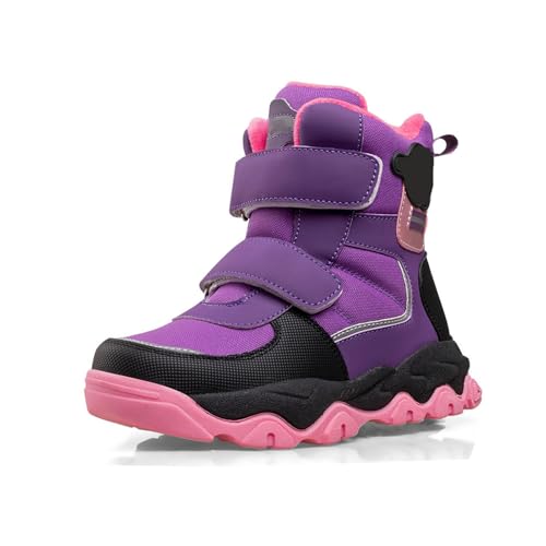 MANYUBEI Kinder Schneestiefel, Jungen Und Mädchen Winter Warme Baumwollschuhe Verdickter Plüsch Mit Rutschfesten Steigeisen wasserdichte Outdoor Wanderstiefel Kurze Stiefel,33 EU,Purple von MANYUBEI