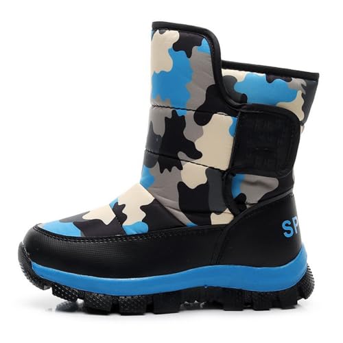 MANYUBEI Kinder Schneestiefel, Jungen Winter Warme Baumwollschuhe Verdicktes Fell Gefüttert High Top Wasserdicht Mit Anti Rutsch Schnalle Outdoor Wanderstiefel, 34 EU,Blue von MANYUBEI