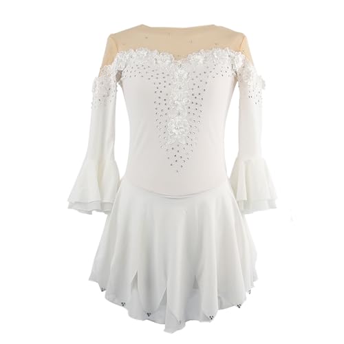 MANYUBEI Langärmliges Eiskunstlauf Kleid Für Erwachsene Glänzendes Strass Trikot Für Mädchen Ballett Tanzrock Kinder Gymnastik Tutu Kleid, Leistungswettbewerb,L, White von MANYUBEI