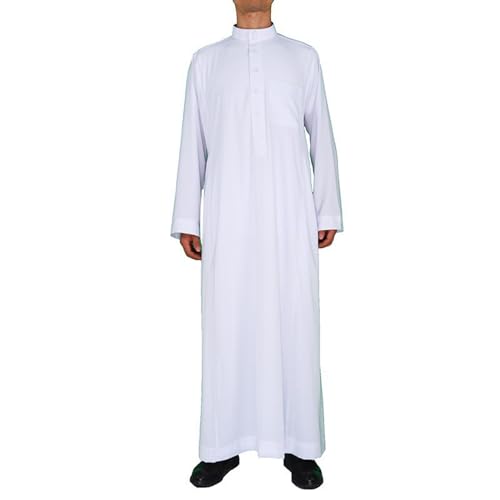 MANYUBEI Muslimische Robe Für Männer, Ethnische Kleidung Aus Dem Nahen Osten, Arabischer Stil Stehkragen Langes Hemd Dubai Islamisches Ramadan-Gebet Lockeres Kleid, Lounge-Roben,L,White von MANYUBEI
