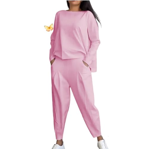 MAOAEAD 2-teiliges Set mit Rundhalsausschnitt, langärmeligem Oberteil und Hose, lässiger Rundhalsausschnitt, langärmelig, zweiteiliger Anzug, gemütliches Lounge-Set für Damen (Rosa, Größe L) von MAOAEAD