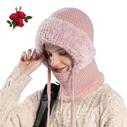 MAOAEAD 3 in 1 Winter Sturmhaube für Damen, Damen Outdoor Winddicht Schal Mütze Damen Flauschige Thermo Strickfleece Kapuzenschal (Rosa) von MAOAEAD