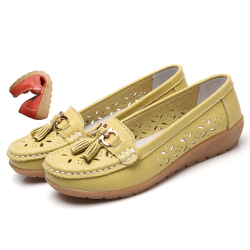 MAOAEAD Atmungsaktive Mokassins aus Leder für Damen, orthopädische Loafer aus atmungsaktivem Leder, elegant, weich, zum Hineinschlüpfen (grün-hohl, Größe 36) von MAOAEAD