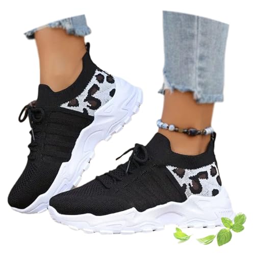 MAOAEAD Bequeme Plateauschuhe für Damen, modisch, Leopardenmuster, atmungsaktives Netzgewebe, Schnürung, Wander-Sneaker, leicht, Damen-Turnschuhe (Schwarz, 37 EU) von MAOAEAD