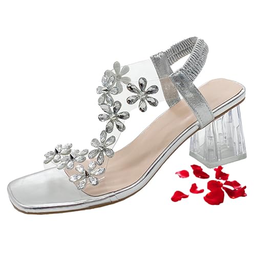 MAOAEAD Blockabsatz-Sandalen mit Blumen-Strasssteinen für Damen, Blockabsatz, klare Blockabsätze, elegante Schuhe (Silber, Größe 41) von MAOAEAD