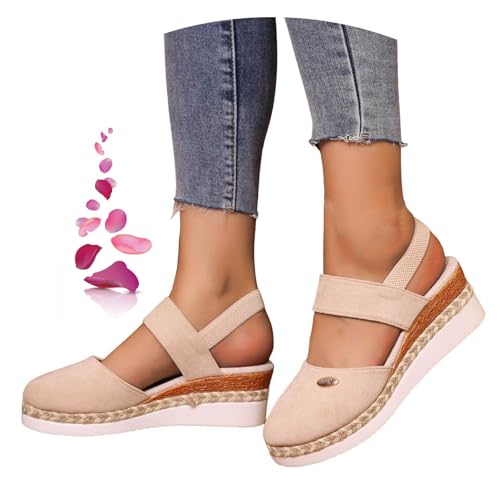 MAOAEAD Damen Elastische Knöchelriemchen Plateau Keilsandalen Schwarz Geschlossene Zehe Plateau Espadrille Keilsandalen für Frauen 2024 (Beige, 43) von MAOAEAD