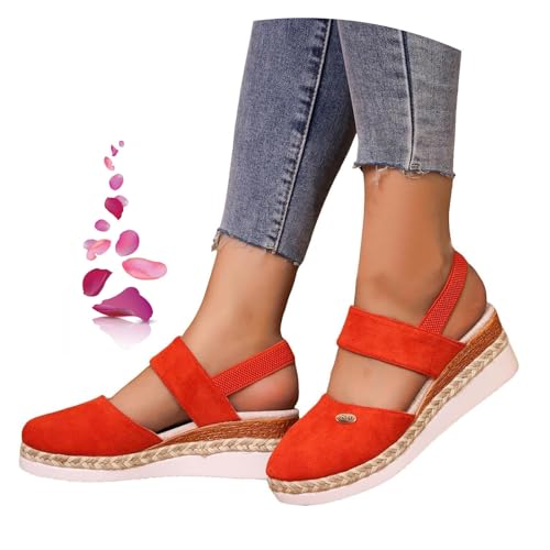 MAOAEAD Damen Elastische Knöchelriemchen Plateau Keilsandalen Schwarz Geschlossene Zehe Plateau Espadrille Keilsandalen für Frauen 2024 (Orange, 37) von MAOAEAD