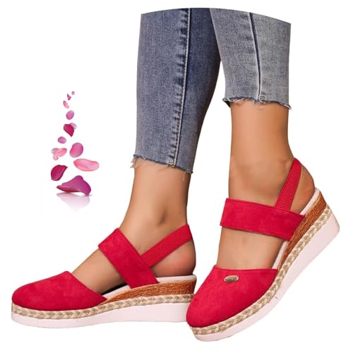 MAOAEAD Damen Espadrilles mit elastischem Knöchelriemen, Plateau-Keilsandalen, geschlossener Zehenbereich, Espadrilles-Keil-Schuhe für Damen, elegant (rot, 38 EU) von MAOAEAD