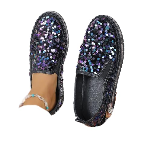 MAOAEAD Damen-Sneaker, lässiger Stil, Strass-Dekoration, flache Plateauschuhe, Glitzer, modisch, Pailletten, Sneaker, Loafers (Schwarz, 41) von MAOAEAD