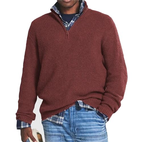 MAOAEAD Herren Kaschmir Business Casual Zipper Sweater Classic Herren Viertel Zip Up Pullover Herbst Lose Mock Neck Pullover, rot, Large von MAOAEAD