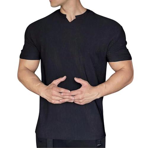 MAOAEAD Herren-T-Shirts mit V-Ausschnitt, kurzärmelig, athletisches Workout-T-Shirt, 2024, schnelltrocknend, Muskel-Passform, Henley-Shirts für Herren, Schwarz, Größe XXL (75–85 kg)) von MAOAEAD