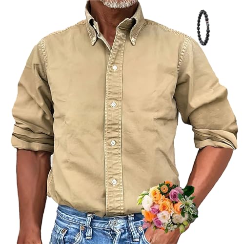 MAOAEAD Herren Vintage Premium Gewaschenes Langarmhemd Klassisch Business Casual Einfarbig Langarm Button Down Shirts für Männer, khaki, XXL von MAOAEAD