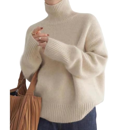 MAOAEAD Kaschmir-Pullover mit hohem Halsausschnitt, warmer Strickpullover aus Kaschmir, gemütlich, weich, Rollkragenpullover, übergroße Oberteile für Damen (Beige, M (40–50 kg)) von MAOAEAD