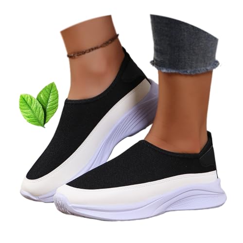 MAOAEAD Lässige Damen-Sneaker mit Farbblock-Plattform, runder Zehenbereich, atmungsaktives Netz-Kontrast, flache Slip-Ons, freihändige Wanderschuhe (Schwarz, 41 EU) von MAOAEAD