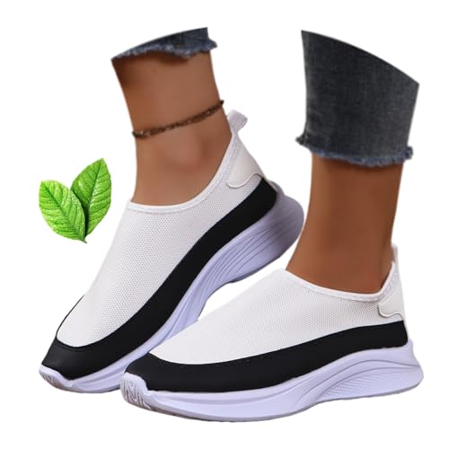 MAOAEAD Lässige Damen-Sneaker mit Farbblock-Plattform, runder Zehenbereich, atmungsaktives Netz-Kontrast, flache Slip-Ons, freihändige Wanderschuhe (weiß, Größe 43) von MAOAEAD