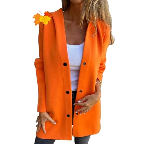 MAOAEAD Lässige einreihige Kapuzenjacke, Trenchcoat mit Kapuze für Damen 2024, langärmelig, Revers, Knopfleiste, lange Mäntel, Strickjacken (Orange, S) von MAOAEAD