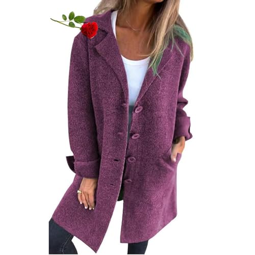 MAOAEAD Lässiger Damen-Mantel aus Wolle, einreihig, lang, Wollmischung, lange Erbsenmäntel, einfarbig, Cardigan mit Taschen (Lila, XL) von MAOAEAD