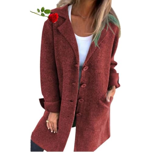 MAOAEAD Lässiger Damen-Mantel aus Wolle, einreihig, lang, Wollmischung, lange Erbsenmäntel, einfarbig, Cardigan mit Taschen (Weinrot, S) von MAOAEAD