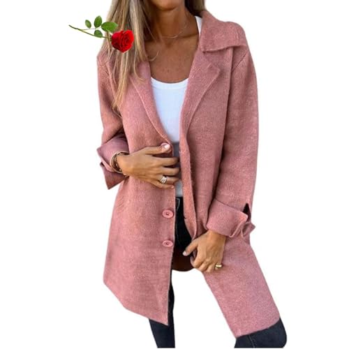 MAOAEAD Lässiger Damen-Mantel aus Wolle, einreihig, lang, Wollmischung, lange Erbsenmäntel, einfarbig, Strickjacke mit Taschen (Rosa, XXL) von MAOAEAD