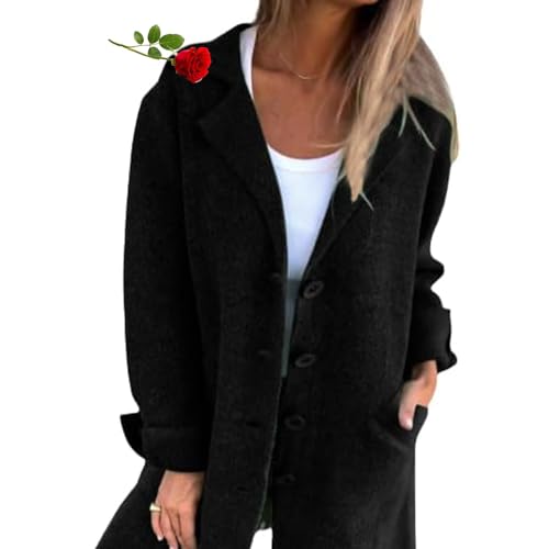 MAOAEAD Lässiger Damen-Mantel aus Wolle, einreihig, lang, Wollmischung, lange Erbsenmäntel, einfarbig, Strickjacke mit Taschen (Schwarz, Größe 4XL) von MAOAEAD