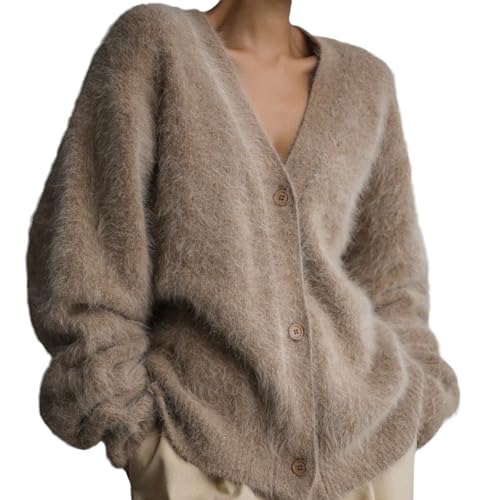 MAOAEAD Luxuriöse Kaschmir-Cardigan, einfarbig, flauschiger Strickpullover, Cardigan, V-Ausschnitt, vorne offen, stilvoll, weiche Jacke (Khaki, S) von MAOAEAD