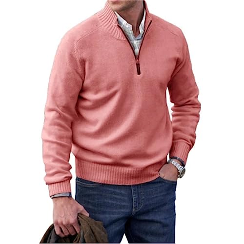 MAOAEAD Men's Cashmere Zipper Basic Sweater, Quarter Zip Pullover Mens Winter Long-Sleeve Fleece Tops Warm Jumpers (L,Pink) von MAOAEAD