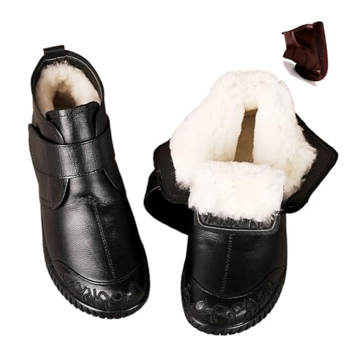 MAOAEAD Orthopädische Damenstiefel aus echtem Leder, Wolle, Winter, weich, wasserdicht, rutschfest, warm, knöchelhoch, Schneestiefel für Mutter, Oma (Schwarz, 35 EU) von MAOAEAD