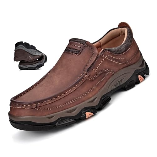 MAOAEAD Orthopädische Wanderschuhe für Herren, Leder, Schlupfschuhe, lässig, breite Zehen, Loafer, Leder, bequem, Schlupfschuhe, Arbeitsschuhe für Herren, Hellbraun, 46 EU von MAOAEAD