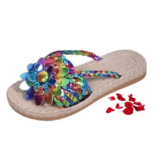 MAOAEAD Orthopädische flache Flip-Flops für Damen, floral, trendig, flache Hausschuhe, elegant, Komfort, Strand, Urlaub, Boho-Sandalen (bunt, Größe 36) von MAOAEAD