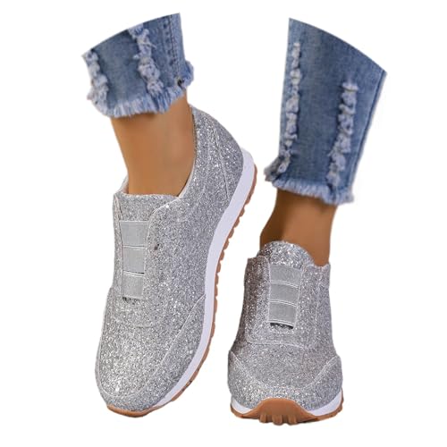 MAOAEAD Pailletten-Dekor, Glitzer, runde Zehenpartie, elastisch, zum Hineinschlüpfen, glitzernde Turnschuhe, Damen, modisch, Plattform, glitzernd, Tennisschuhe (Silber, 39 EU) von MAOAEAD