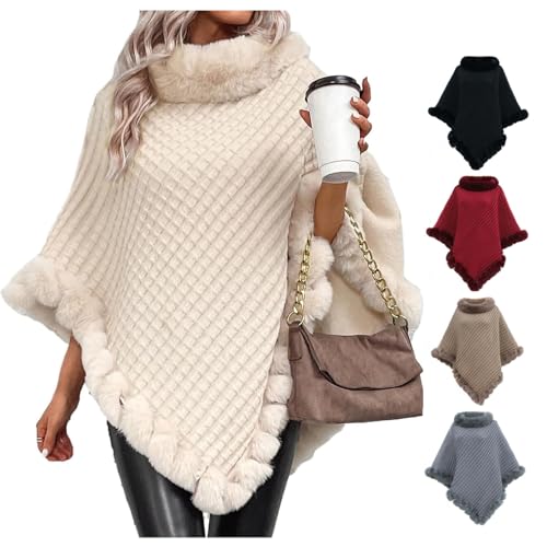 MAOAEAD Poncho mit Kunstfellbesatz, eleganter Cape-Mantel mit Kunstfellkragen und Besatz, Winter, warm, gestrickt, Stola, Schal für Damen, khaki, Length: 80cm MAOAEAD Poncho mit Kunstfellbesatz, eleganter Cape-Mantel mit Kunstfellkragen und Besatz, Winter, warm, gestrickt, Stola, Schal für Damen, khaki, Length: 80cm von MAOAEAD