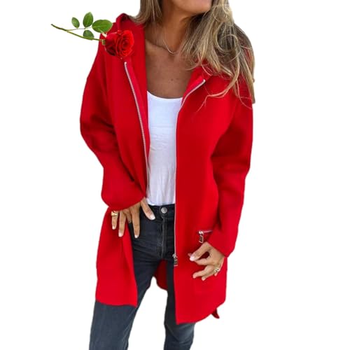 MAOAEAD Rundhalsausschnitt, Reißverschluss, langärmelig, lässig, modisch, langärmelig, mit Reißverschluss, Kapuzen-Sweatshirt, Jacke, Hoodies für Damen (Rot, Größe 2XL) von MAOAEAD