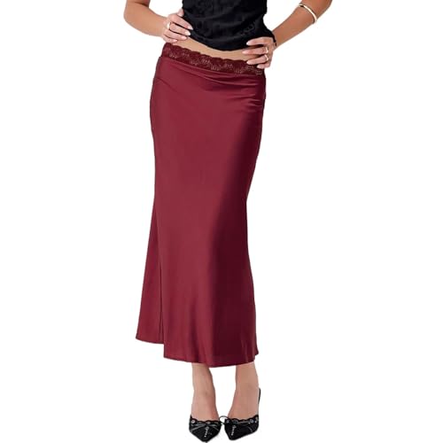 MAOAEAD Satin-Spitzenröcke für Damen, sexy Spitze, elastische Taille, seidiger Midirock, elegant, figurbetont, Burgunderrot, lange Satinröcke von MAOAEAD