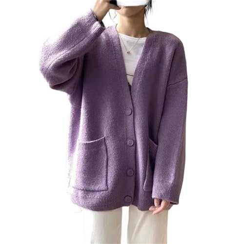 MAOAEAD Slouchy Damen-Strickcardigan mit Taschen, übergroßer V-Ausschnitt, lange Ärmel, offene Vorderseite, Strickjacke, Pullover (Lila, L (55–60 kg)) von MAOAEAD