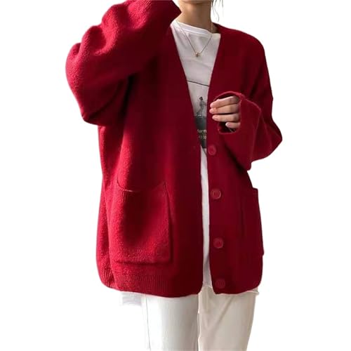 MAOAEAD Slouchy Strickcardigan für Damen, mit Taschen, übergroßer V-Ausschnitt, lange Ärmel, offene Vorderseite, Strickjacke, Pullover (Rot, M (50–55 kg)) von MAOAEAD