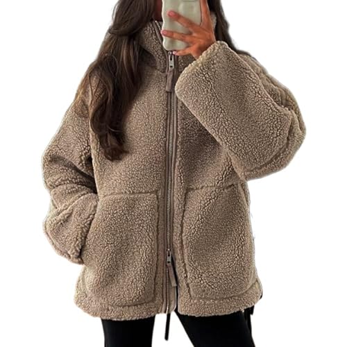 MAOAEAD Verdickte und warme Damenjacke, lockerer Doppelkopf-Reißverschluss, Damen-Fleece-Jacke mit Reißverschluss, lässig, Herbst und Winter, Fleece-Mäntel von MAOAEAD