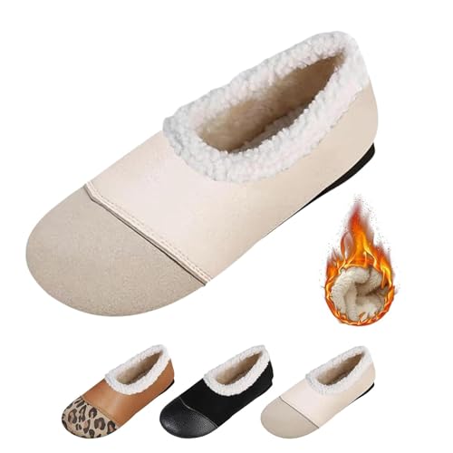 MAOAEAD Warme und luxuriöse Winter-Lederschuhe für Damen, weich, bequem, runder Zehenbereich, flache Slipper, warm, lässig, Baumwollschuhe (Beige, 41 EU) von MAOAEAD