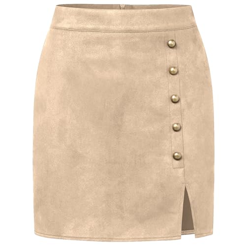 MAOAEAD Wildleder Rock für Damen Hohe Taille Mini Rock Sexy Faux Wildleder Röcke Herbst Winter Metall Schnalle Bodycon Short Rock (Beige,XL) von MAOAEAD