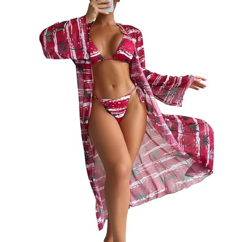 MARCBUSE 3-teiliger Damen-Badeanzug, Blumendruck, Triangel-Bikinis-Set, Badeanzug mit Strand-Kimono von MARCBUSE