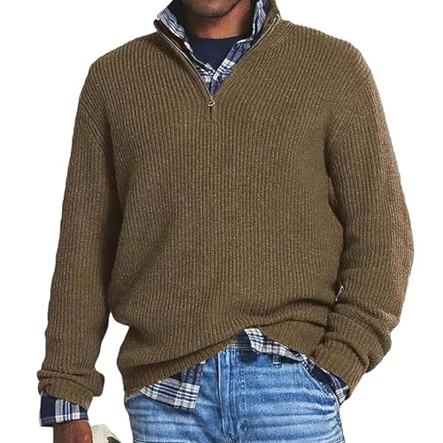 MASHANGGOU 2024 Herren-Pullover aus Kaschmir, Business-Casual-Reißverschluss, warmer Herren-Pullover mit Viertelreißverschluss, langärmelig, Strickpullover mit Rollkragen (Braun, Größe 2XL) von MASHANGGOU