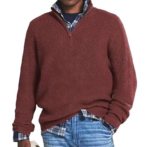 MASHANGGOU 2024 Herren-Pullover aus Kaschmir, Business-Casual-Reißverschluss, warmer Herren-Pullover mit Viertelreißverschluss, langärmelig, Strickpullover mit Rollkragen (Rot, Größe 2XL) von MASHANGGOU