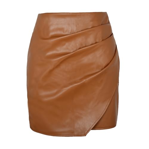 MASHANGGOU Faux Leather Ruched Mini Skirt, Women's High Waist PU Leather Skirt Bodycon Mini Skirt Sexy Ruched Wrap Skirts Party Club Skirt (S,Brown) von MASHANGGOU