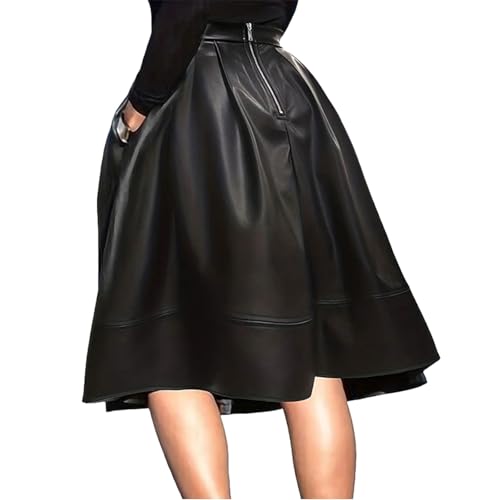 MASHANGGOU Leather A Line Skirt for Women, Solid Zip PU Leather Pleated Skirt Elegant Sexy Leather Skirt Black with Pockets Party Dress (XXL,Black) von MASHANGGOU