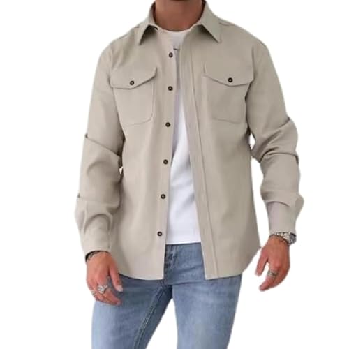 MASHANGGOU Men's Button Down Shirt Jacket, Men Casual Stylish Shirt Jackets Tops Retro Thickened Shirt Solid Color Jacket Slim-Fit Work Coat (XXL,Light Apricot) von MASHANGGOU