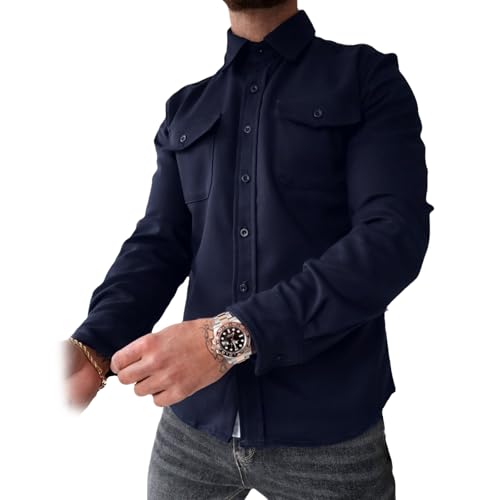 MASHANGGOU Men's Button Down Shirt Jacket, Men Casual Stylish Shirt Jackets Tops Retro Thickened Shirt Solid Color Jacket Slim-Fit Work Coat (XXL,Navy Blue) von MASHANGGOU